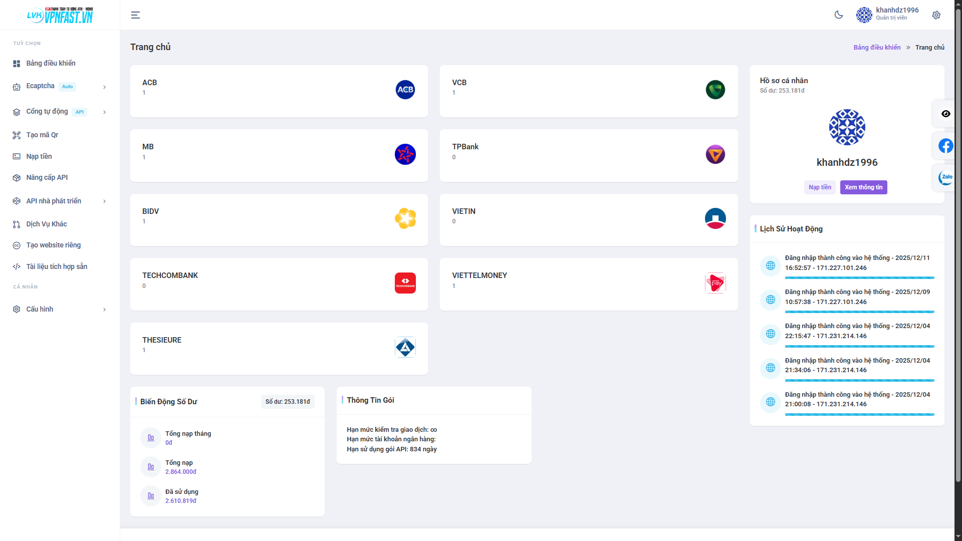 Tạo web cho thuê API BANK